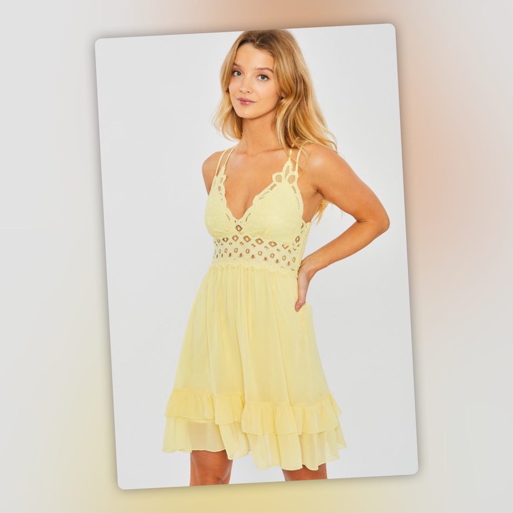 Large Yellow LoveTree Free Spirit Floral Crochet Lace Printed Flowy Mini Dress - Picture 2 of 12